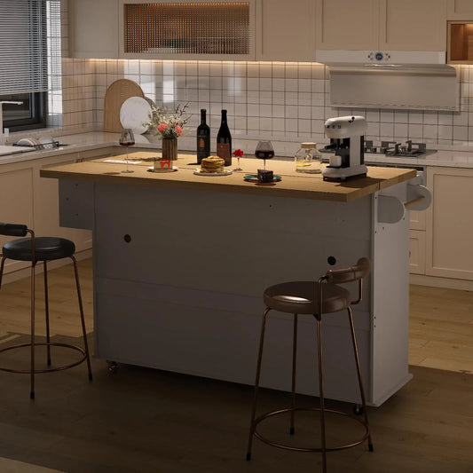 60" Mobile Kitchen Islands Table Drop Leaf Home Carts with Power Outlet, Kitchen Island Spice and Towel Rack, Trash