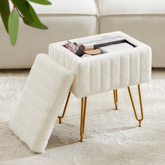 Faux Fur Padded Hidden Storage Stools & Ottomans with 4 Metal Legs Anti-Slip Adjustable Feet for Home