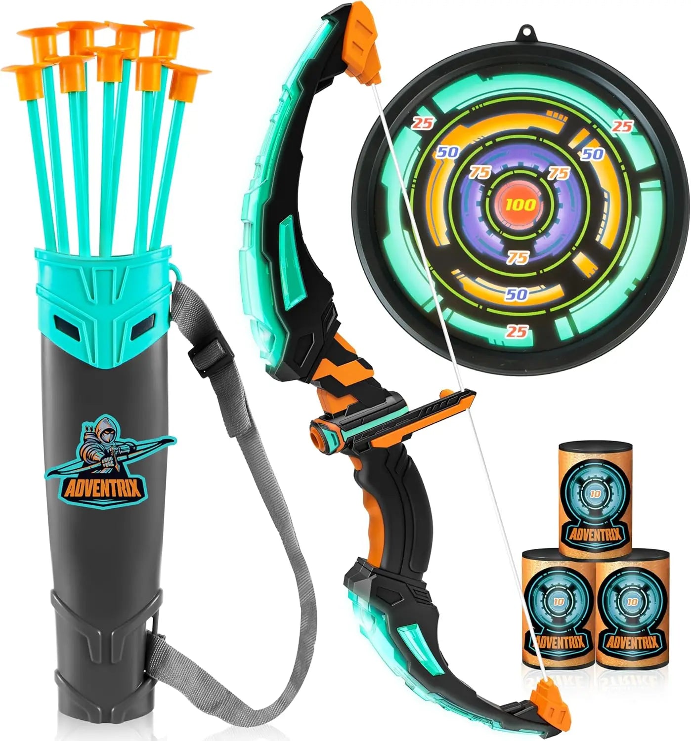 Kids Bow and Arrow Set LED Light Up Archery Toy With 9 Suction Cup Arrows Target for Kid Ages 6-12 Outdoor Play Gift