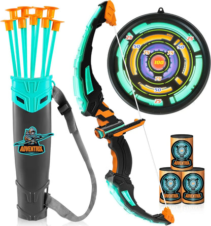 Kids Bow and Arrow Set LED Light Up Archery Toy With 9 Suction Cup Arrows Target for Kid Ages 6-12 Outdoor Play Gift