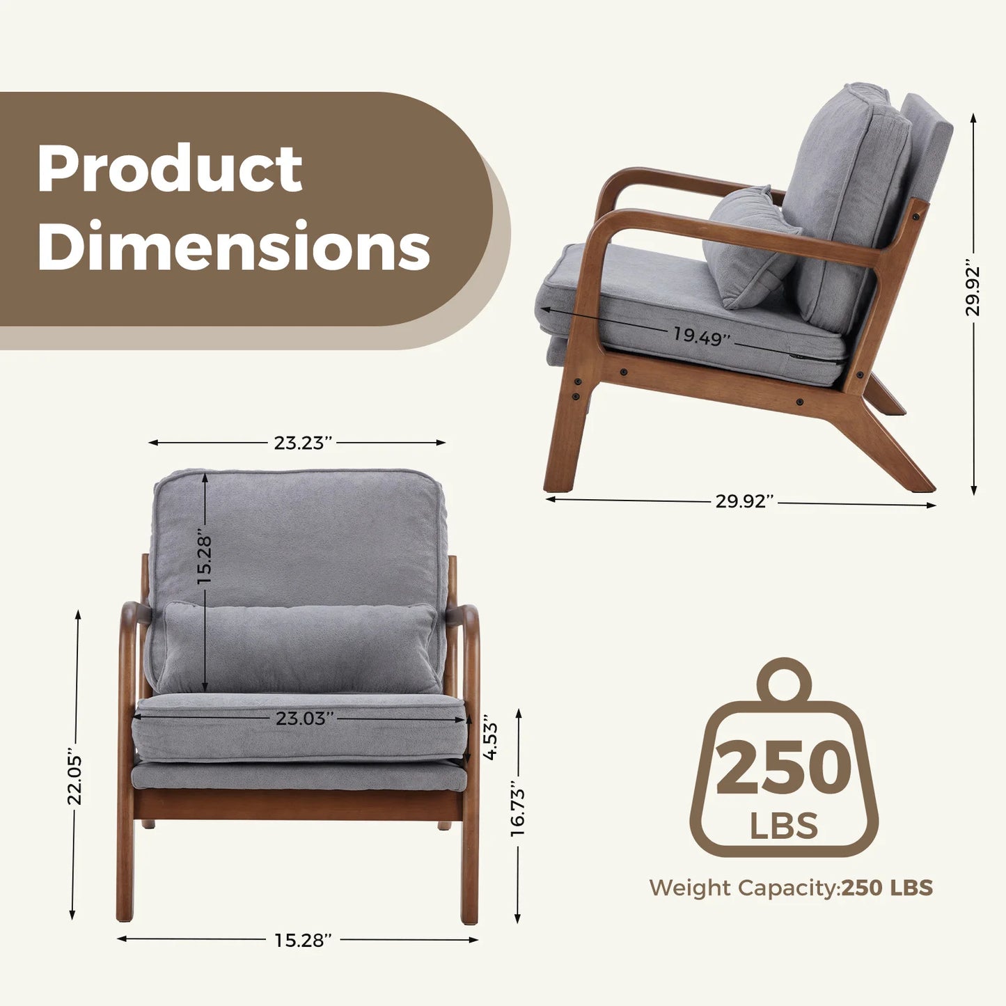 Mid Century Modern Accent Chair with Arms and Waist Cushion