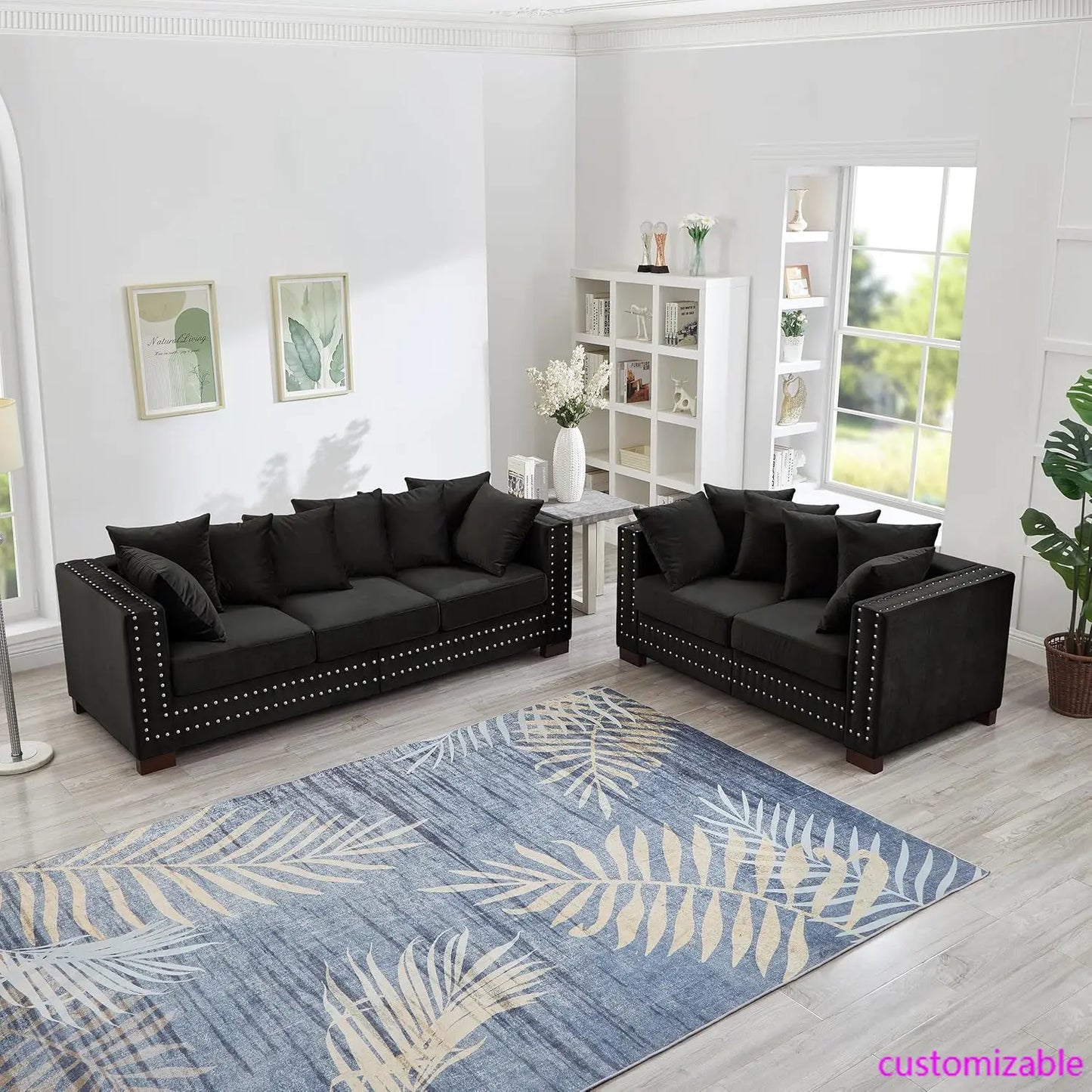 2-Piece Modern Velvet Upholstered Loveseat and Sofa Couch with Silver Nail Trim