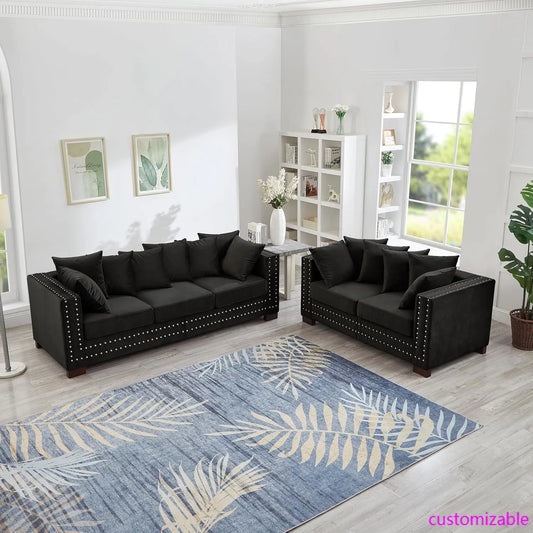 2-Piece Modern Velvet Upholstered Loveseat and Sofa Couch with Silver Nail Trim