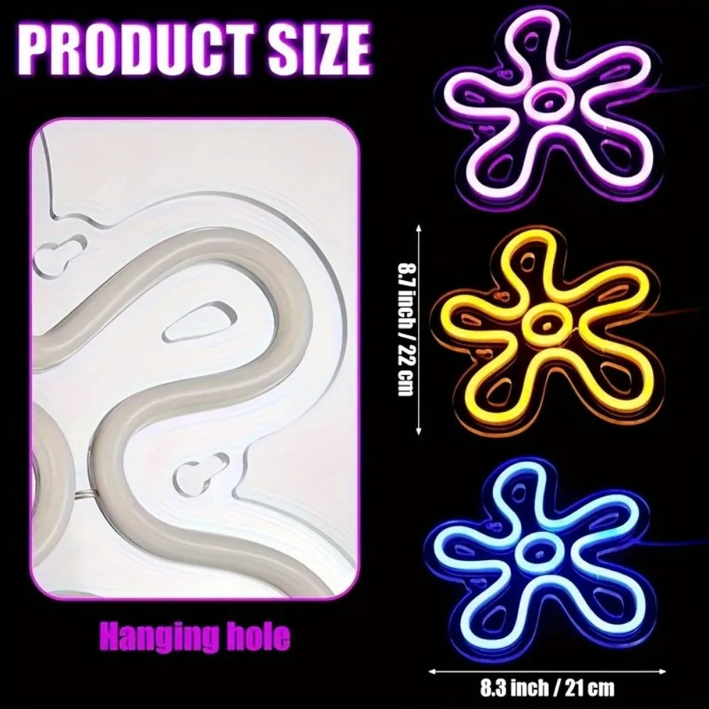 Vintage Neon Flower Signs, Purple, Blue And Yellow