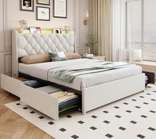 Upholstered Platform Bed with 4 Drawers & Storage Headboard