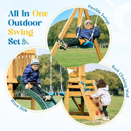 Wooden Swing Set with Dual Swings, Slide, Rock Climbing Wall, Chalkboard and Telescope Fort for Backyard Fun for Kids