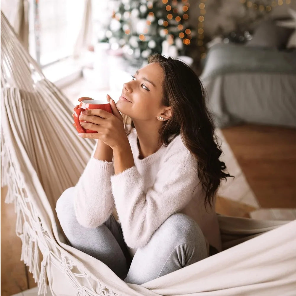 Double Boho Macrame Hammock with Elegant Tassels for Patio