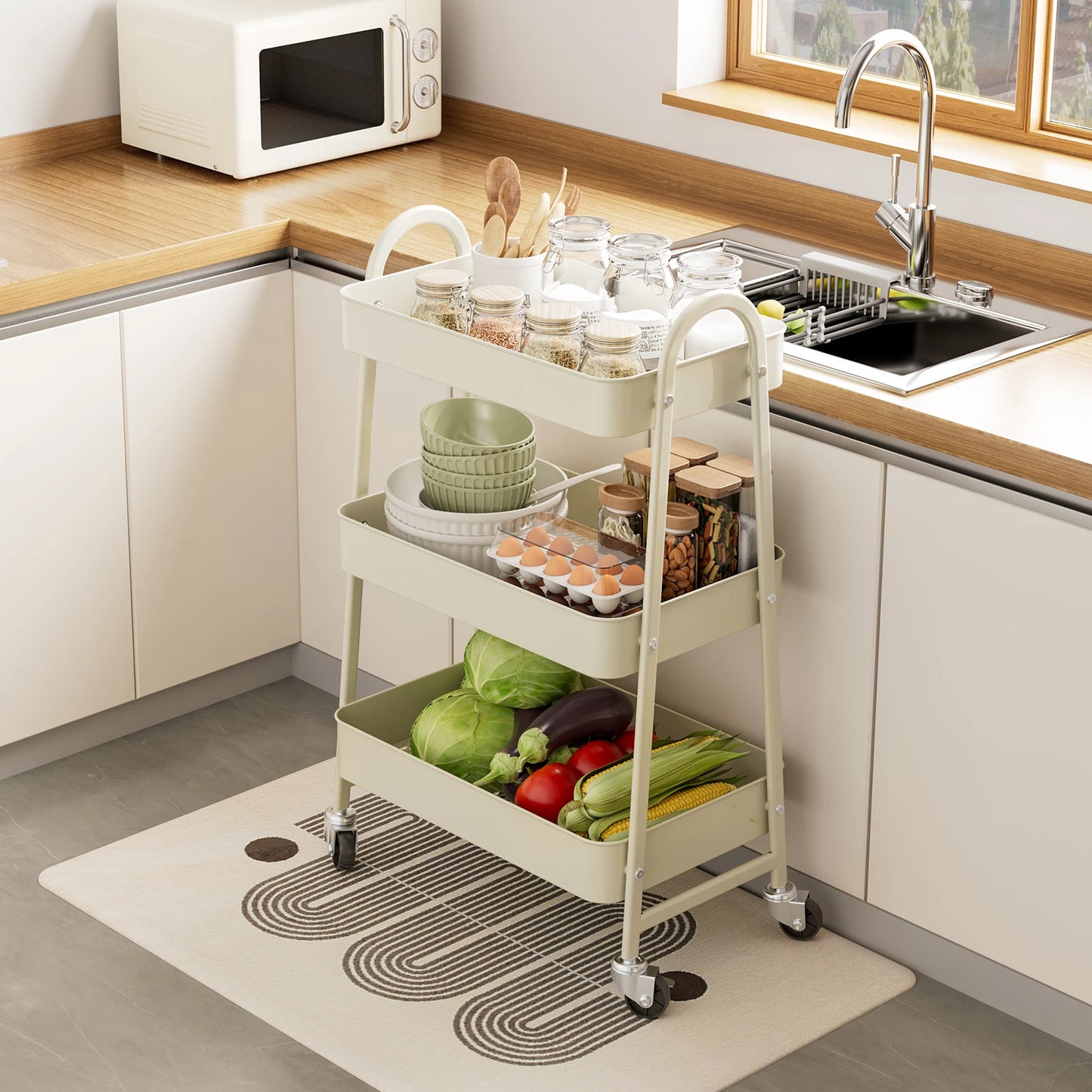 3 Tier Metal Utility Organizer Storage Cart with Lockable Wheels