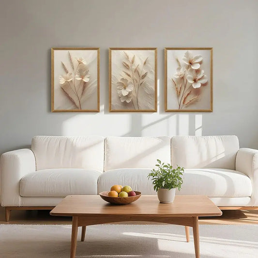 3Pc Framed Vintage Flower Poster Prints, Neutral Beige Floral Canvas Wall art Decor