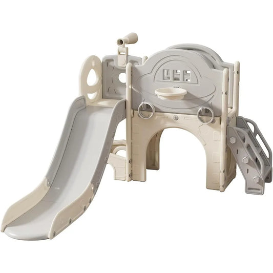 Toddler Slide Playset with Climber Basketball Hoop, Tunnel, Ring Toss Game and Storage Space, White Grey