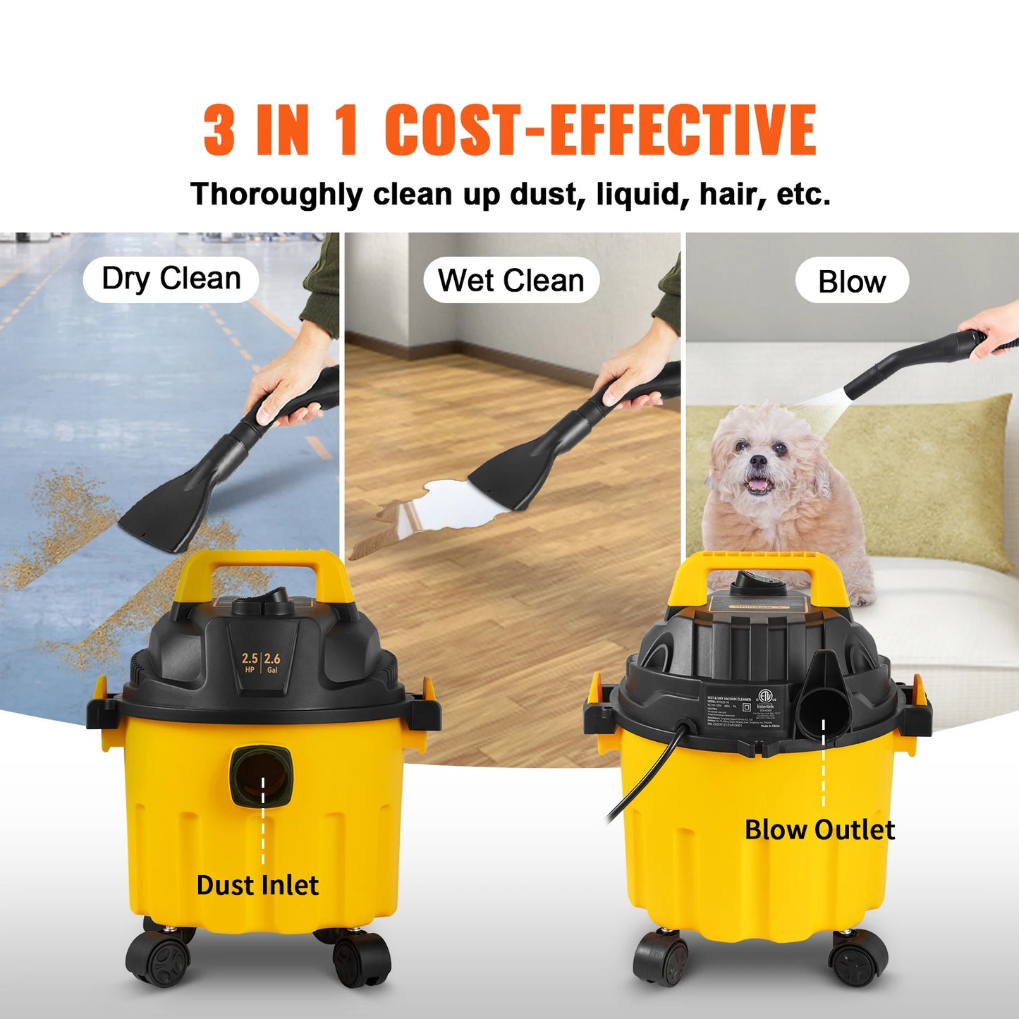 3 in 1 Portable Wet Dry Vac 2.6 Gallon 2.5 HP