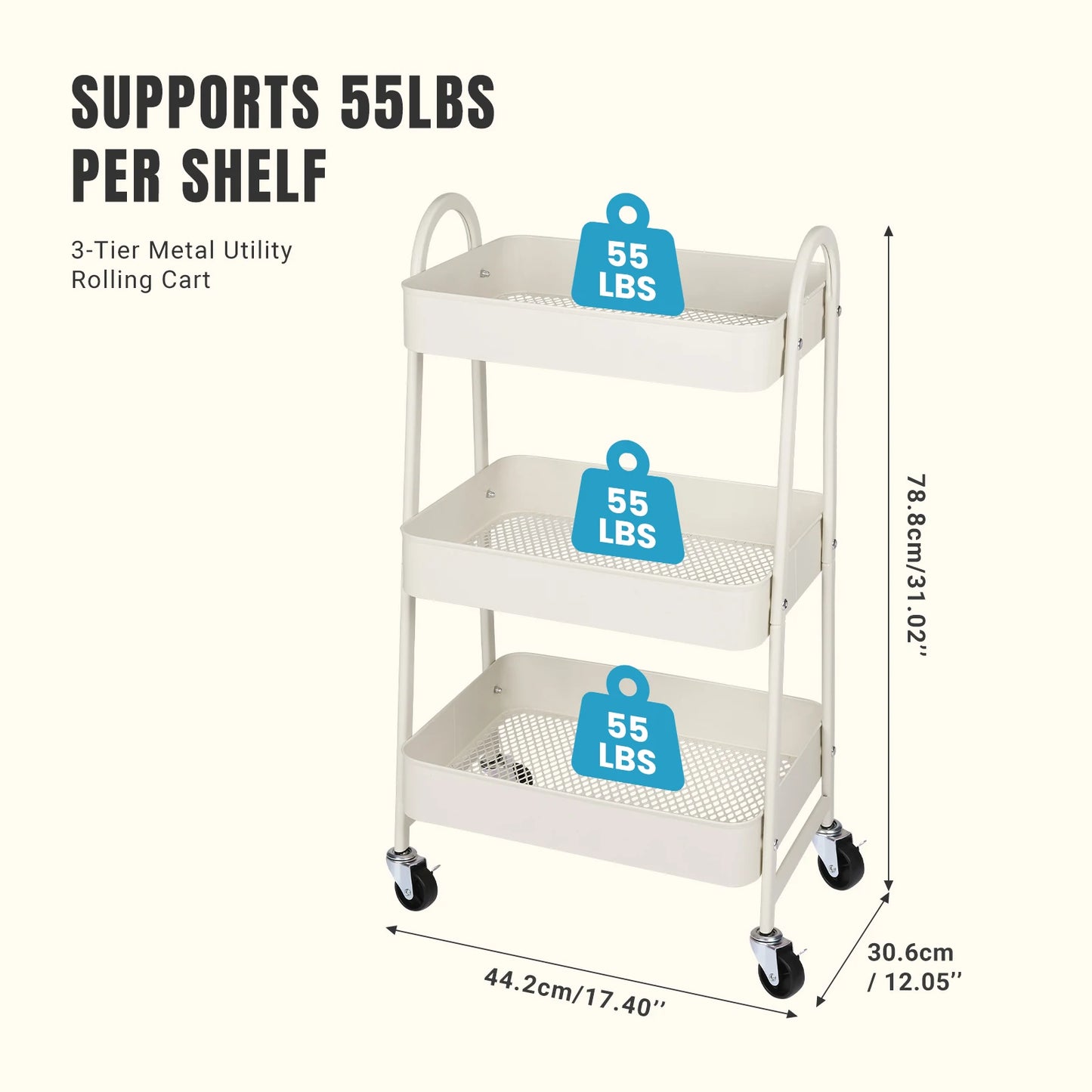 3 Tier Metal Utility Organizer Storage Cart with Lockable Wheels