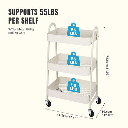 3 Tier Metal Utility Organizer Storage Cart with Lockable Wheels