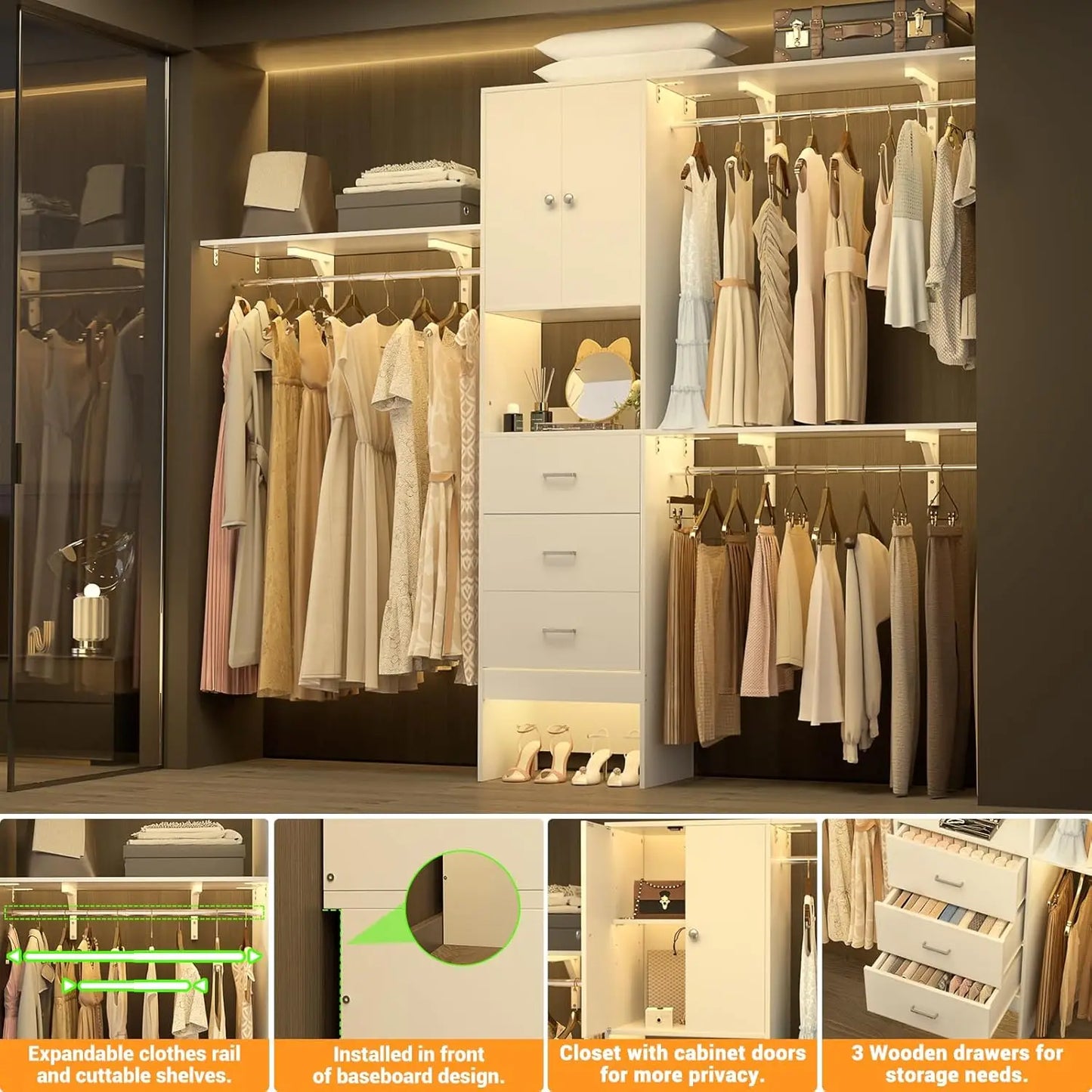Walk In Closet System with Doors & 3 Shelving Towers