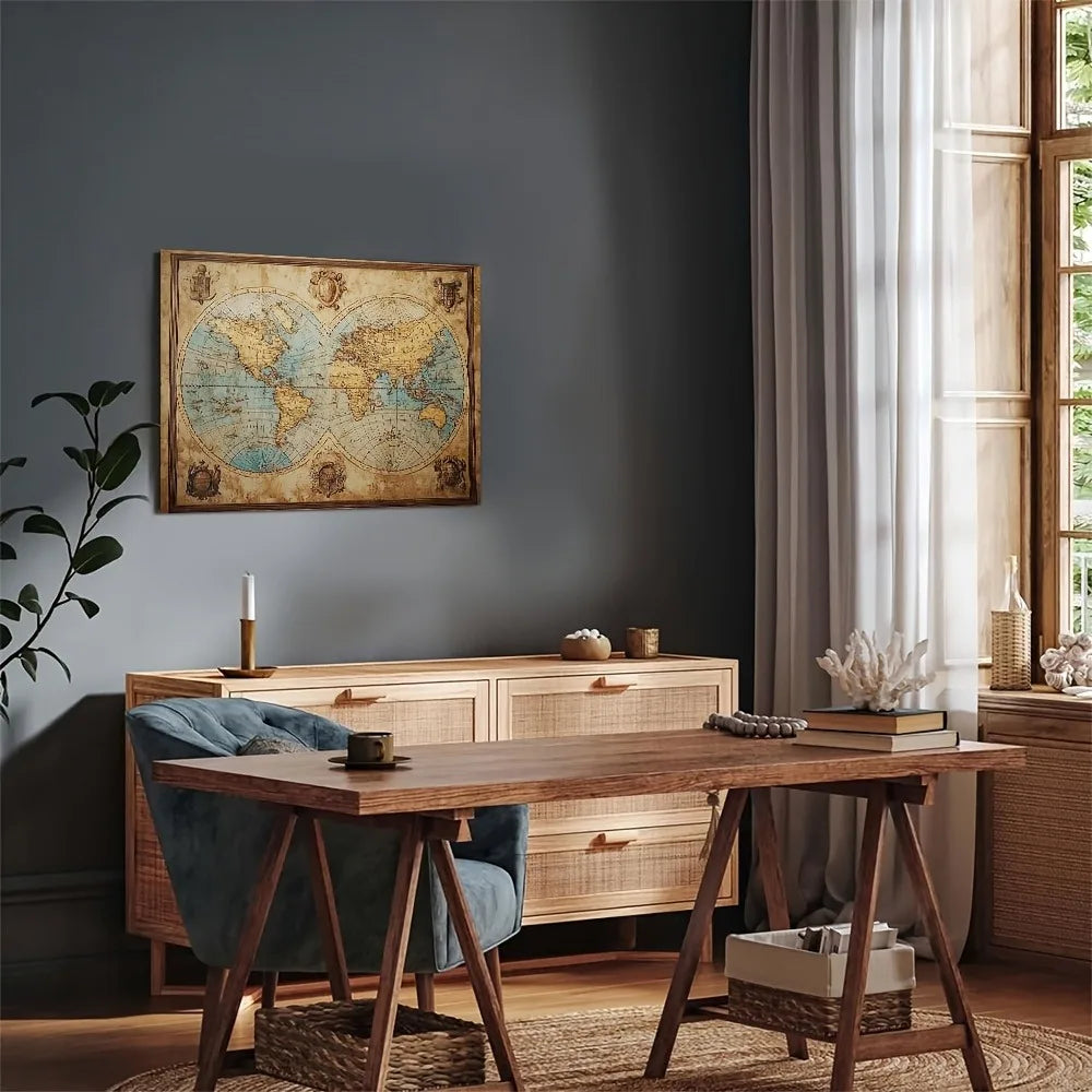 Wooden frame vintage world map canvas wall painting
