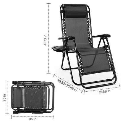 Zero Gravity Set of 2 Portable Recliner Lounge Chairs with Cup Holder Trays and Adjustable Pillow