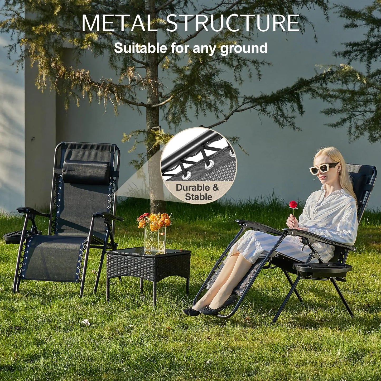 Zero Gravity Set of 2 Portable Recliner Lounge Chairs with Cup Holder Trays and Adjustable Pillow