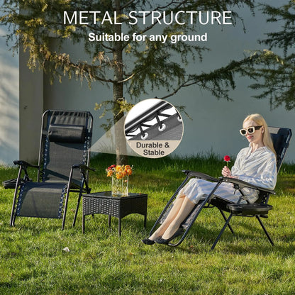 Zero Gravity Set of 2 Portable Recliner Lounge Chairs with Cup Holder Trays and Adjustable Pillow