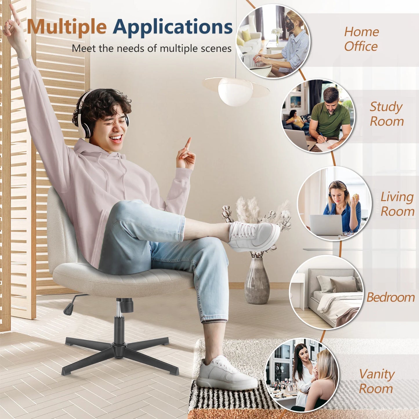 Adjustable Swivel Cross Legged Office, Living Room, Armless Gaming Chair, Vanity, Home Office