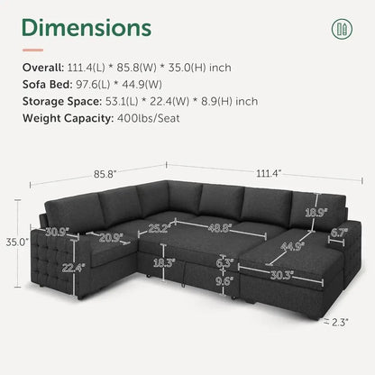 Gray Sectional Sofa with Hidden Bed and Storage