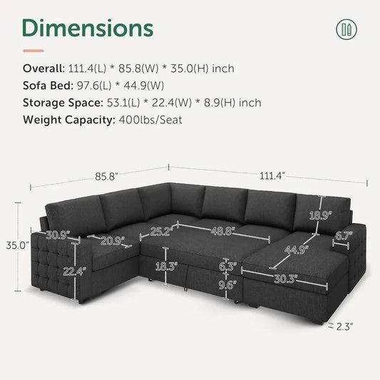 Gray Sectional Sofa with Hidden Bed and Storage