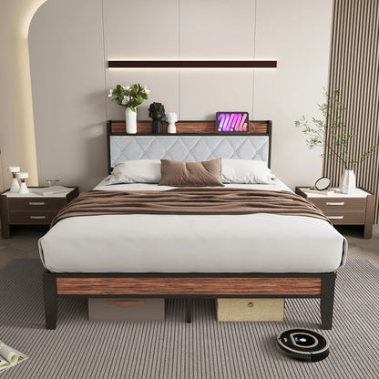 Soft Pack, Heavy Duty Metal Bed Frame with Headboard Charging Station, 1100lbs Capacity, Easy Assembly For Bedroom