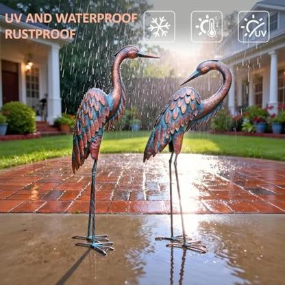 Metal Crane Statues - Set of 2 Bronze Heron Sculptures for Garden Patio or Yard Decor