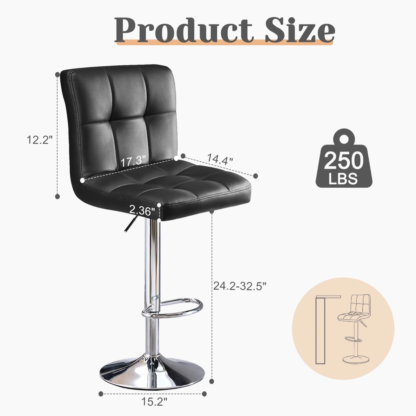 PU Leather Upholstered Bar Stools Set of 2, Counter Height, Comfortable Backrest, SGS Certified Gas Gylinder