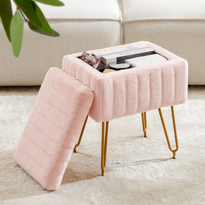 Faux Fur Padded Hidden Storage Stools & Ottomans with 4 Metal Legs Anti-Slip Adjustable Feet for Home