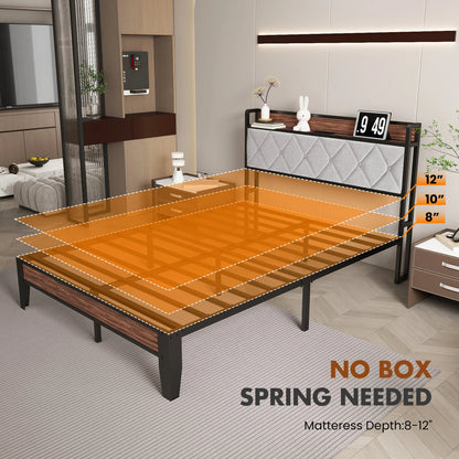 Soft Pack, Heavy Duty Metal Bed Frame with Headboard Charging Station, 1100lbs Capacity, Easy Assembly For Bedroom