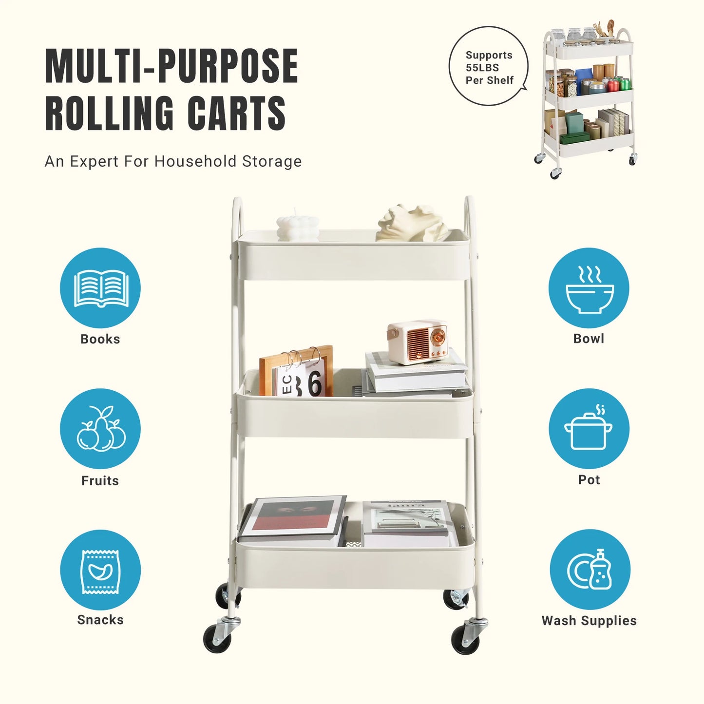 3 Tier Metal Utility Organizer Storage Cart with Lockable Wheels