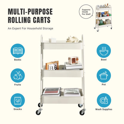 3 Tier Metal Utility Organizer Storage Cart with Lockable Wheels