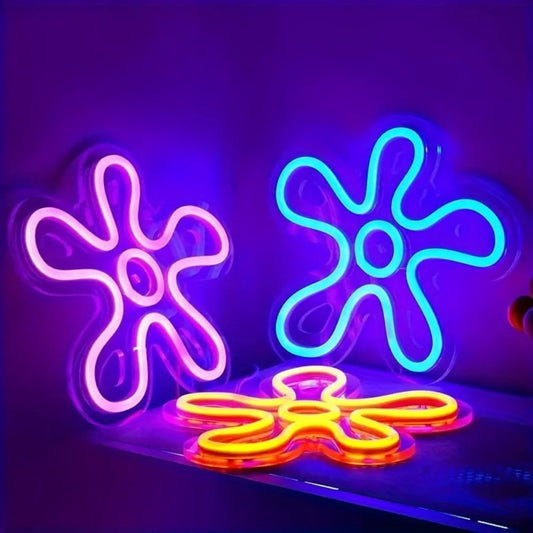 Vintage Neon Flower Signs, Purple, Blue And Yellow
