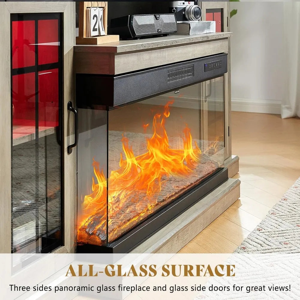 75in 3-Sided Glass Fireplace TV Stand with LED Lights for TVs up to 85"