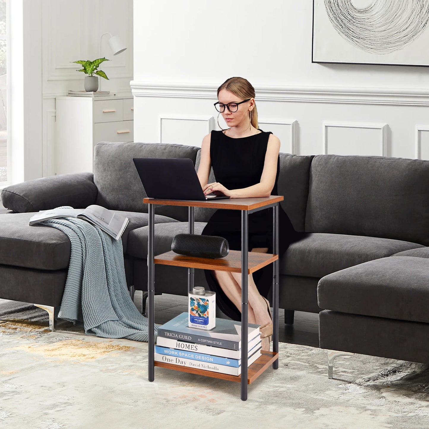 Two Steel Frame 3-Tier End Tables with Adjustable Feet