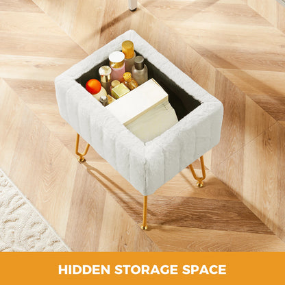 Faux Fur Padded Hidden Storage Stools & Ottomans with 4 Metal Legs Anti-Slip Adjustable Feet for Home
