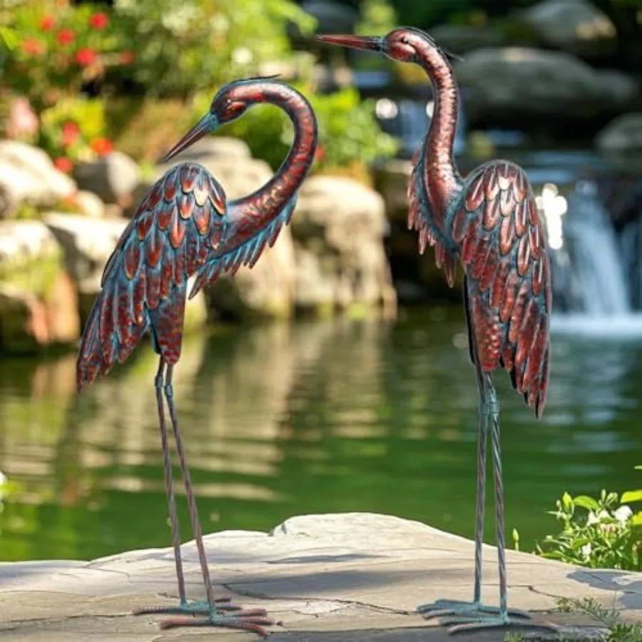 Metal Crane Statues - Set of 2 Bronze Heron Sculptures for Garden Patio or Yard Decor