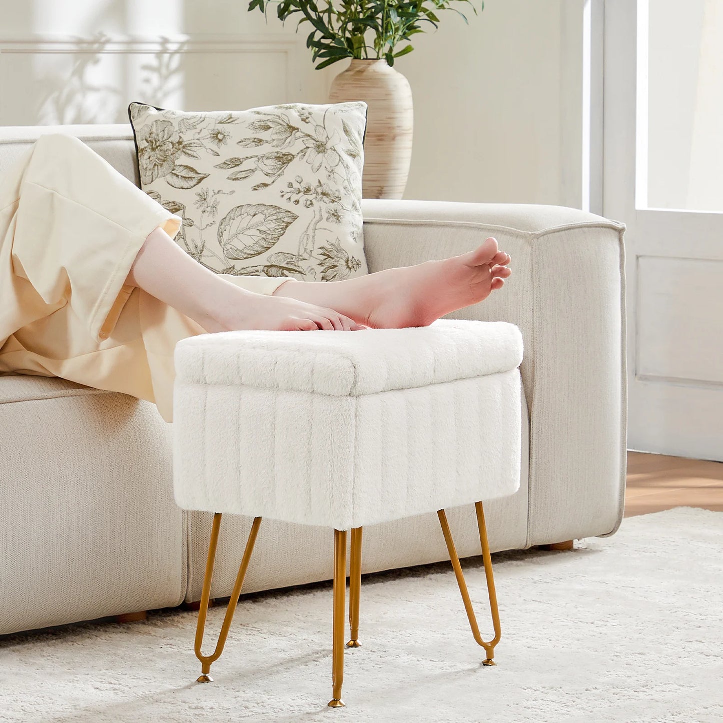 Faux Fur Padded Hidden Storage Stools & Ottomans with 4 Metal Legs Anti-Slip Adjustable Feet for Home