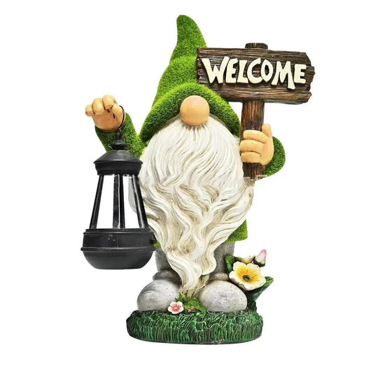 Large Outdoor Resin Gnome Statue with Lantern Solar Light And Welcome Sign
