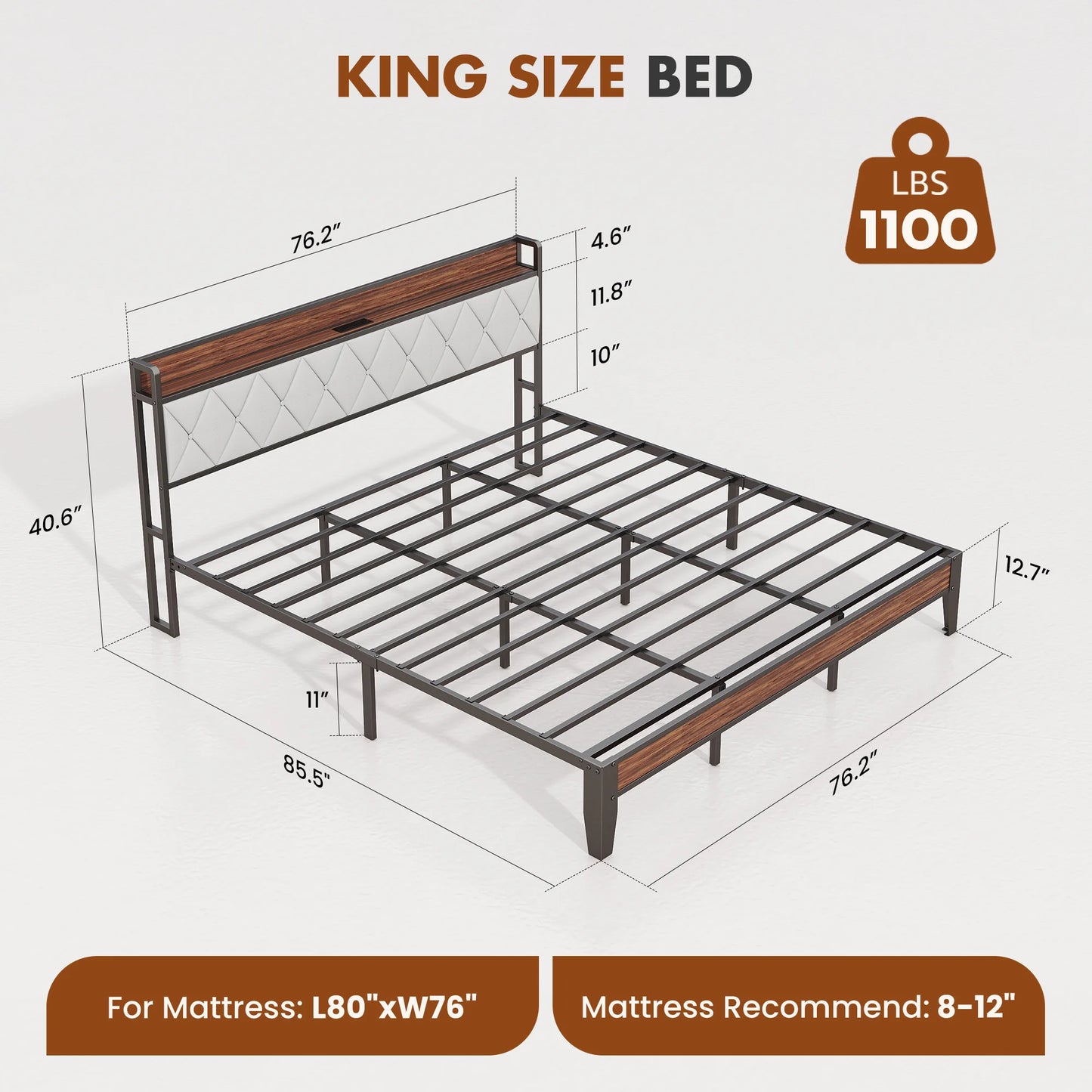 Soft Pack, Heavy Duty Metal Bed Frame with Headboard Charging Station, 1100lbs Capacity, Easy Assembly For Bedroom