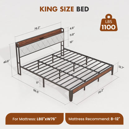 Soft Pack, Heavy Duty Metal Bed Frame with Headboard Charging Station, 1100lbs Capacity, Easy Assembly For Bedroom
