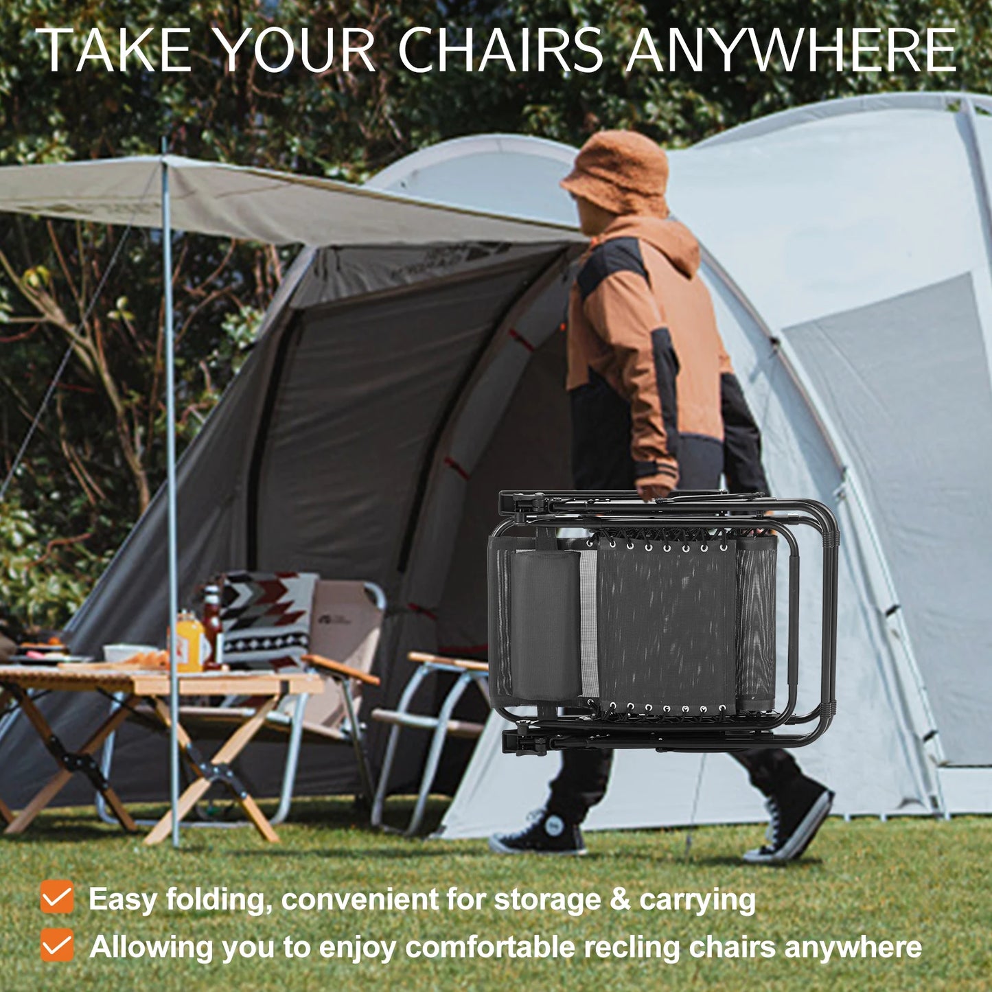Zero Gravity Set of 2 Portable Recliner Lounge Chairs with Cup Holder Trays and Adjustable Pillow