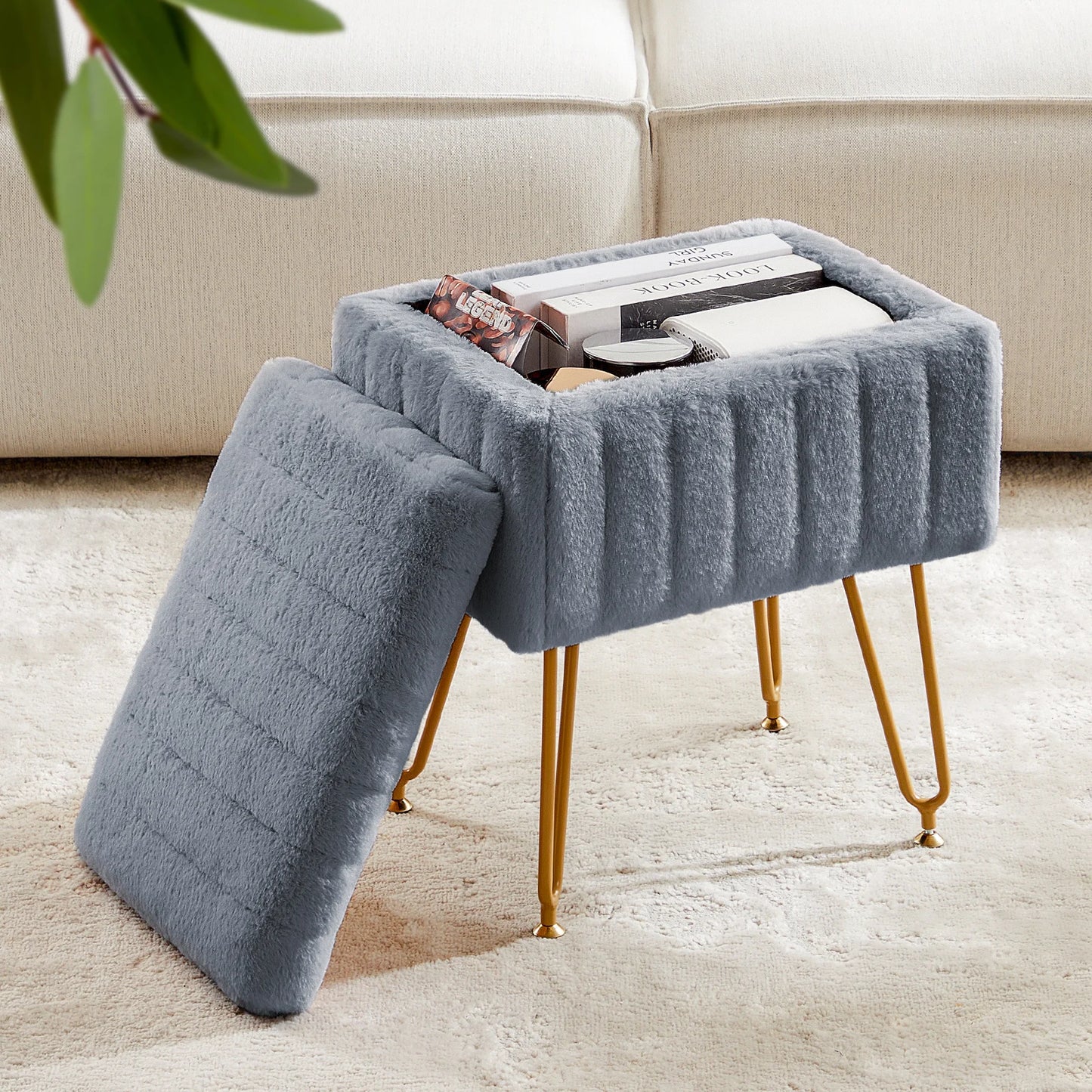Faux Fur Padded Hidden Storage Stools & Ottomans with 4 Metal Legs Anti-Slip Adjustable Feet for Home