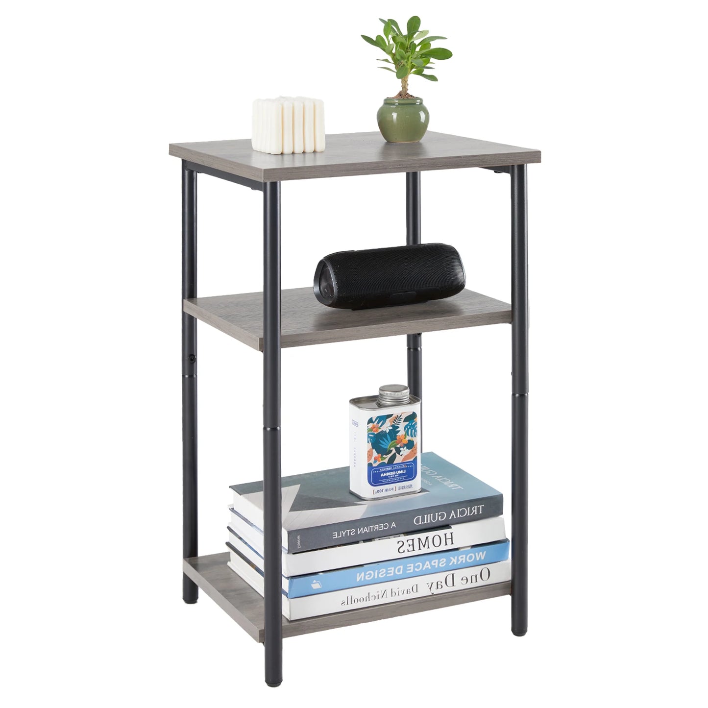 Two Steel Frame 3-Tier End Tables with Adjustable Feet
