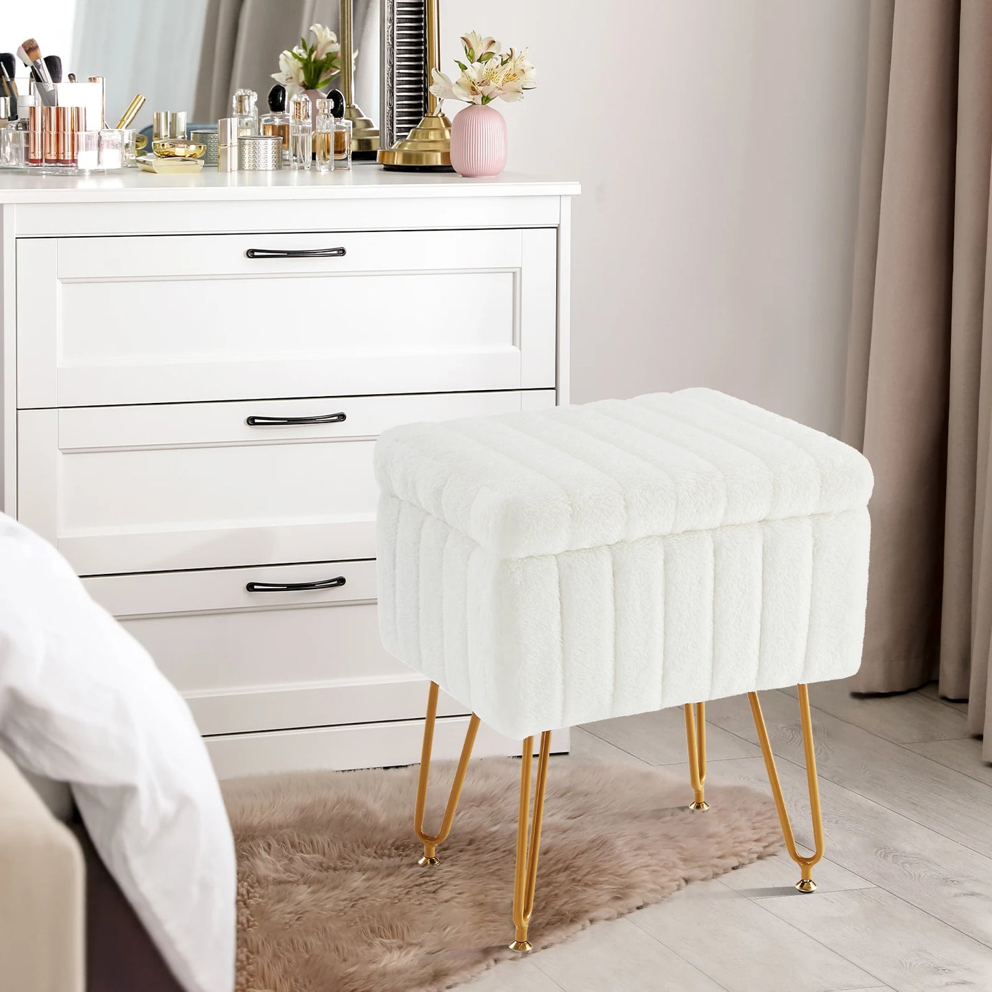 Faux Fur Padded Hidden Storage Stools & Ottomans with 4 Metal Legs Anti-Slip Adjustable Feet for Home
