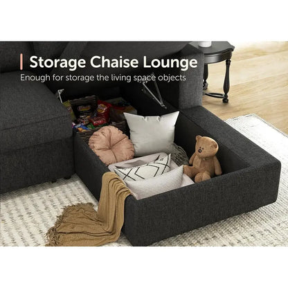 Gray Sectional Sofa with Hidden Bed and Storage