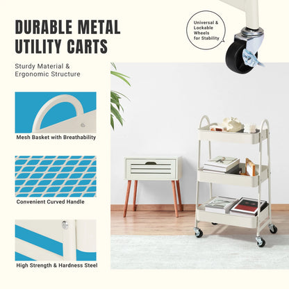 3 Tier Metal Utility Organizer Storage Cart with Lockable Wheels