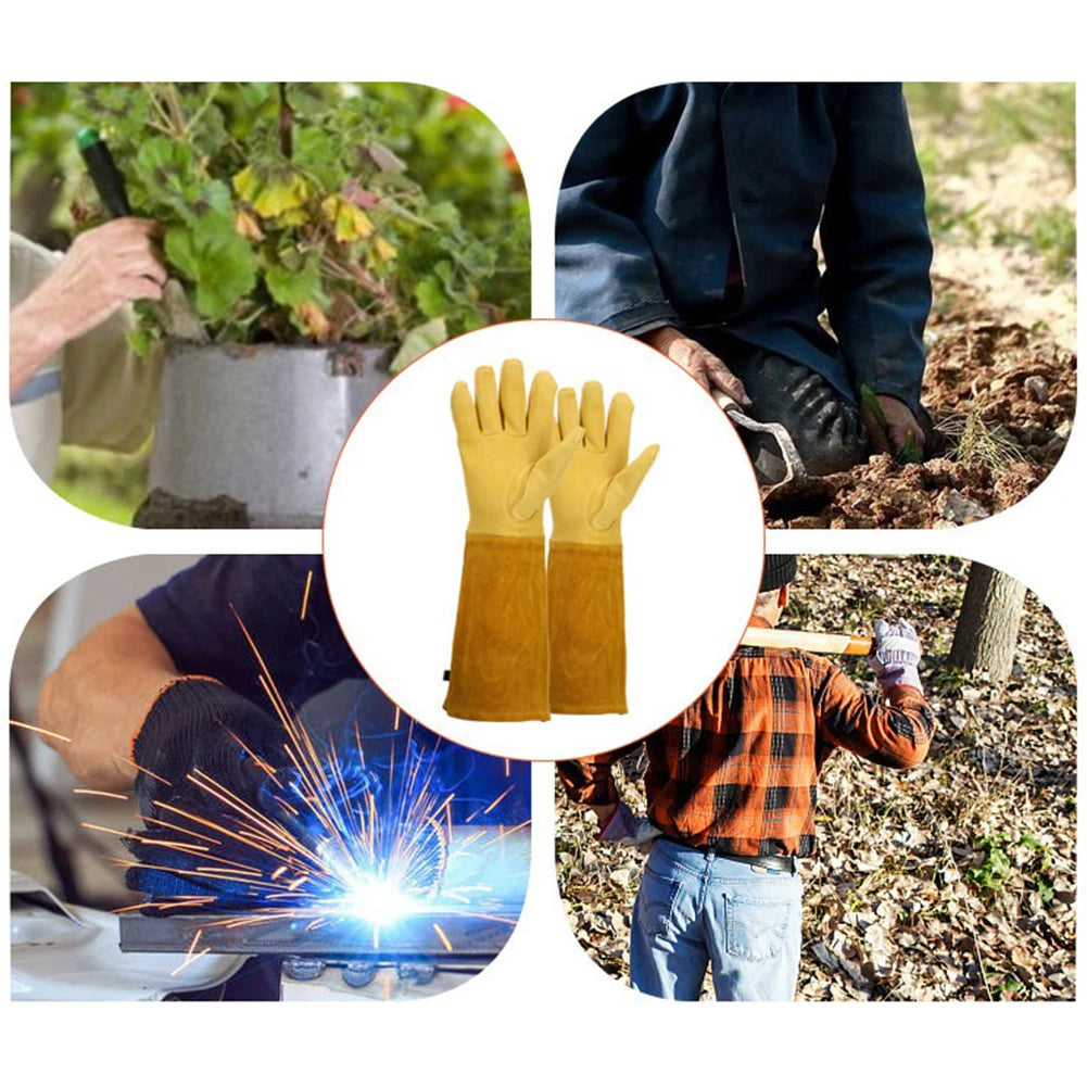 1 Pair Long Thorn Proof Breathable Leather Gardening Gloves