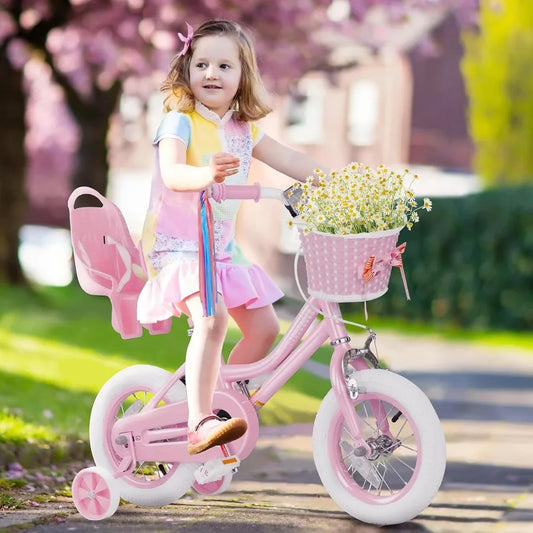 Toddler Girls Bike with Training Wheels and Doll Seat with Basket