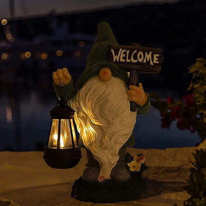 Large Outdoor Resin Gnome Statue with Lantern Solar Light And Welcome Sign